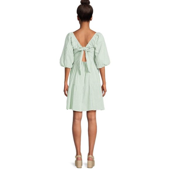 Beachlunchlounge Women Back Bow Babydoll Dress Balloon‎ Sleeve Striped Green L - Picture 2 of 15